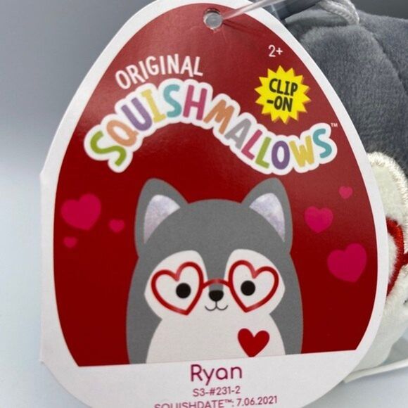Squishmallow 3.5” Valentines Heart Eye Glasses Ryan Husky Clip On Keychain- NWT - Picture 3 of 7